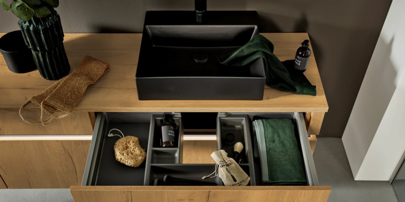 Warm oak vanity detail